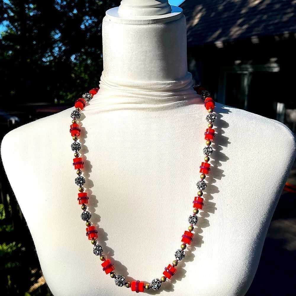 J. Crew Red and Silver Beaded Necklace